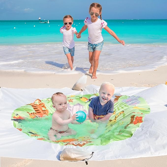 6.5 X 6.5 Ft Baby Beach Pool, 2 in 1 Portable Kids Beach Play Pool Puddle Toddler Beach Blanket and Kiddie Pools Green Cartoon Childs Sand Pit Paddling Pools with Water Bag for Boys Girls Outdoors
