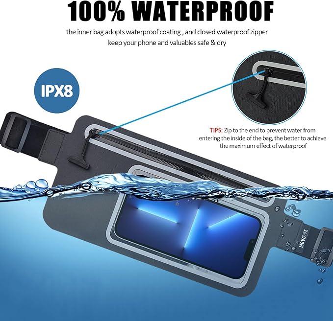 Waterproof Fanny Pack for Men Women Running Belt Bag Swimming Kayaking Boating Beach Water Sport Travel Kids Cell Phone Pouch,Workout Exercise Small GYM Waist Bag,Slim Hiking Waist Pack Black