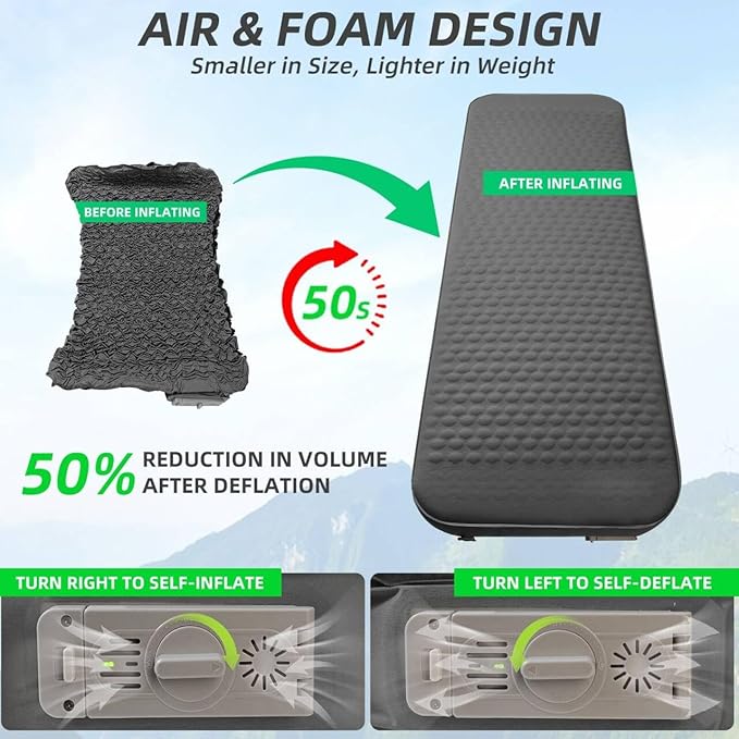Self Inflating Sleeping Pad with Electric Pump, 4โUltra-Thick Memory Foam Camping Mattress Pad, Ultralight Camping Sleeping Pad, 9.5 R-Value Insulated Sleeping Mat for Car Travel