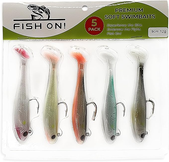 3 1/2" Pre-Rigged Jig Head Fishing Lures Pack of 5 - Soft Plastic Paddle Tail Swimbait with Hook for Freshwater and Saltwater