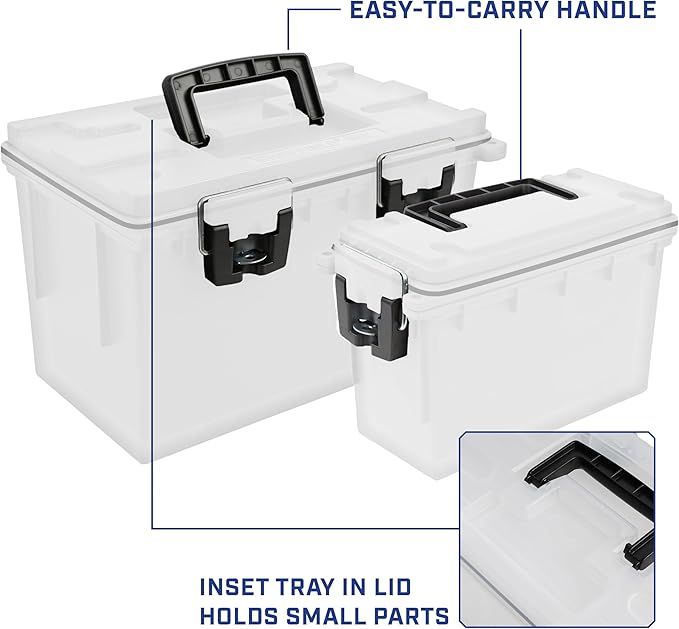 Sheffield 12722 2-Pack Combo Ammo Storage Boxes, .30 Cal and .50 Cal Field Boxes, Water and Dust Resistant, Lockable Storage Box with Handle for Hunting Gear and Bullets, Made in the USA, Frost