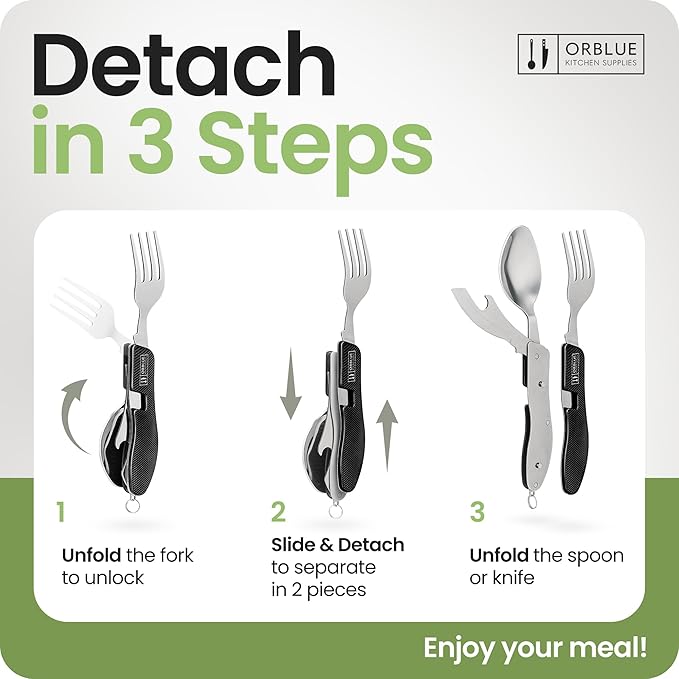 Orblue 4-in-1 Camping Eating Utensils, 2-Pack - Portable Spoon, Fork, Knife & Bottle Opener Combo Set - Stainless Steel Flatware with Detachable Fork - Travel, Backpacking Cutlery Multitool, Black