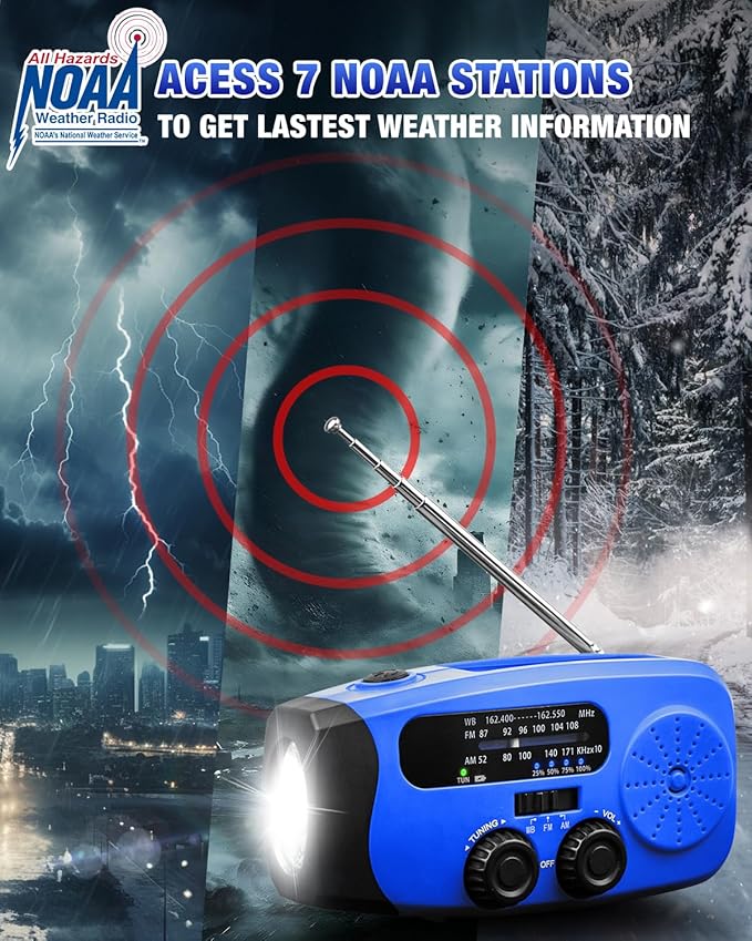 Emergency Hand Crank Radio Emgykit - 2000mAh/7400mWh AM/FM/NOAA Solar Hand Crank Emergency Radio with 3 LED Flashlights, SOS Function for Emergencies, Camping - Blue