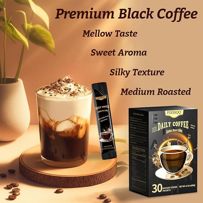 Instant Coffee Packets, Organic Medium Roast Arabica Coffee Beans, Sugar Free Hot or Iced Black Coffee Bulk 30 Count Single Serve (2oz / 60g)