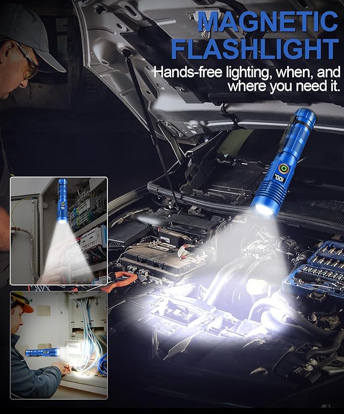 Rechargeable Flashlight High Lumens-12000LM Super Bright Magnetic Flash Light with Power Digital Display,3280Ft Long Range,Dimmable,Waterproof,Pocket LED Flashlights for Emergency Camping 2PC Blue