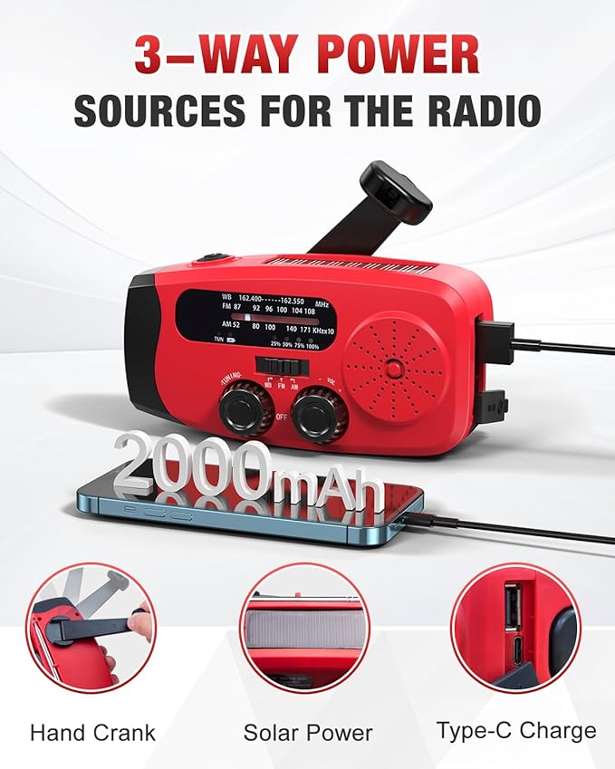 Hand Crank Emergency Radio - 2000mAh/7400mWh AM/FM/NOAA Solar Hand Crank Emergency Radio with 3 LED Flashlights, SOS Function for Emergencies, Camping - Red