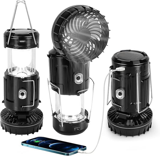 Ultra-Portable Solar&Rechargeable Camping Lantern with Fan,4 in 1 LED Power Outage Light Compact Collapsible Design for Emergency Hurricanes, Hiking, Home, Outdoor ,Survival Kit Essentials Camp Gifts