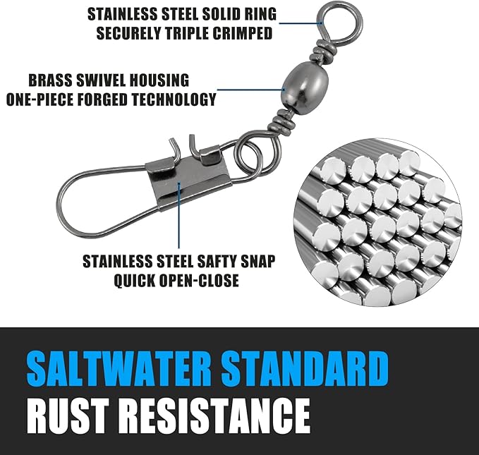 Dr.Fish 50 Pack Fishing Snap Swivels, Barrel Swivels Fishing Tackles, Stainless Steel Safty Interlock Snaps Leader Line Lure Connector Fresh&Saltwater 26-132Lb