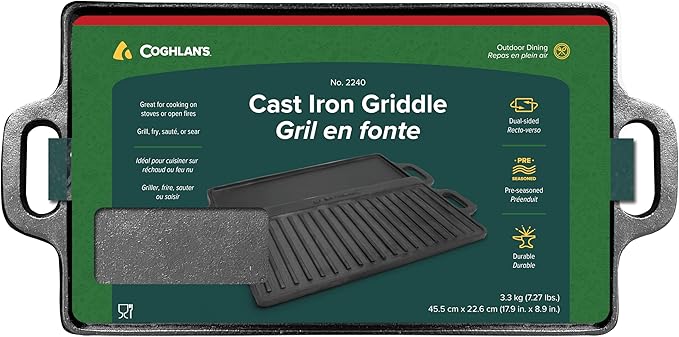Coghlan's Cast Iron Griddle – Reversible Pre-Seasoned Camping Cookware for Grilling, Frying, and Outdoor Cooking – Durable and Versatile Skillet Pan, 18 x 9 Inches