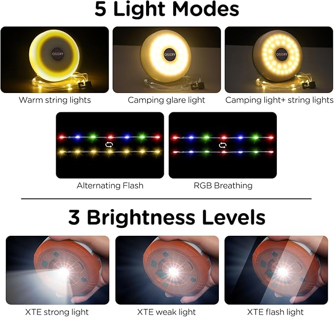OGERY Camping String Lights, 4 in 1 Quick Storage 32.8FT Rechargeable Tent Lights String with 8 Lighting Modes, Hanging Waterproof Portable LED Lamp for Outdoor Patio Awning Garden Party Essentials
