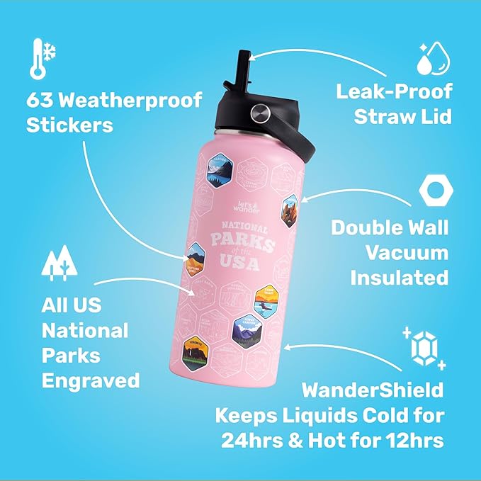 LET'S WANDER National Parks Water Bottle with 63 Waterproof Stickers - 32oz Leakproof Insulated Stainless Steel with Straw - USA Hiker Gift Bottle (Bubble Gum)