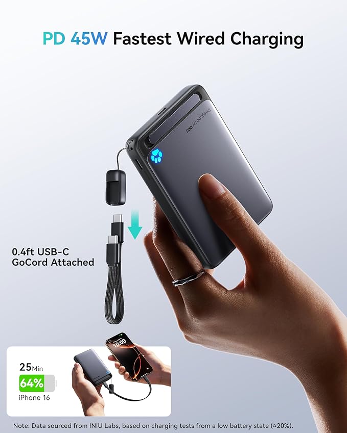 INIU for MagSafe Portable Charger, Qi2 Certified, Slimmest 45W 10000mAh Magnetic Power Bank, with USB C Cable & Stand, Fast Charging MagSafe-Compatible Battery Pack for iPhone 17 16 15 14 13 12 Only