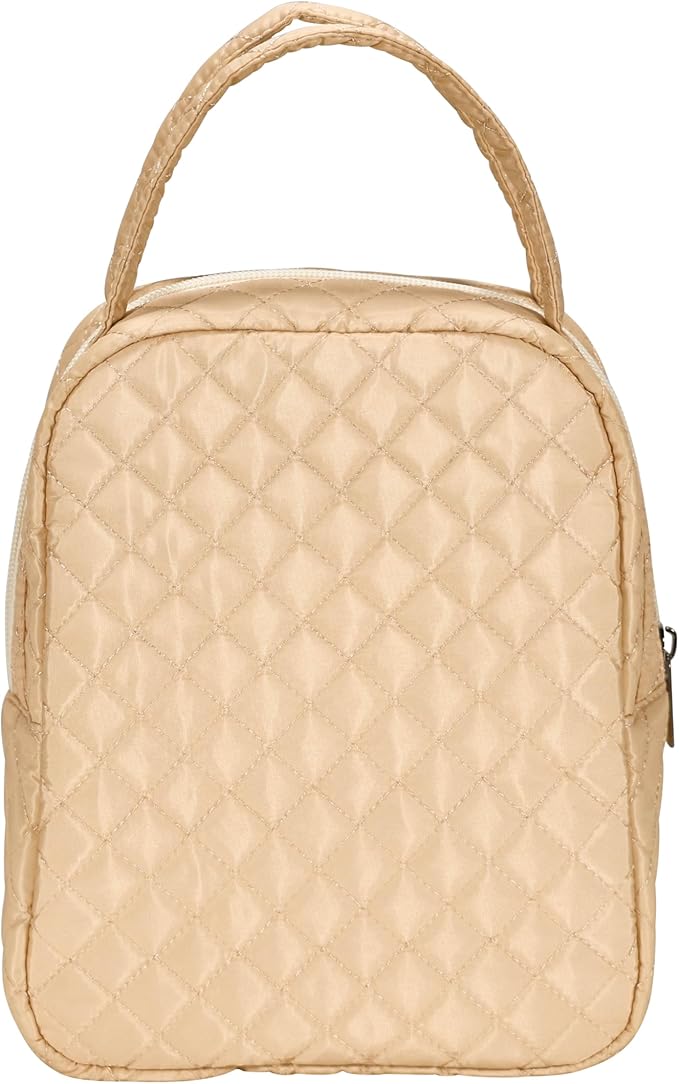 Machine Washable Women Quilted Fabric Insulated Reusable Cooler Lunch Bag Tote Adult Thermal Lunch Box Storage Bag for Work (Beige)