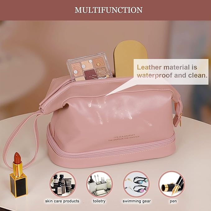 Abiudeng Large Capacity Makeup Bag Ladies Cosmetic Bag Travel Bag with Compartments Portable PU Leather Travel Makeup Bag with Handle