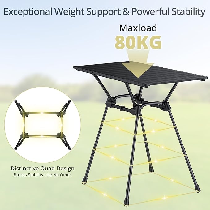 3ft Stable Camping Table, 4 Adjustable Height Lightweight Aluminum Roll Up Camping Table with Carrying Bag, Waterproof, for Garden, Picnic, Outdoor, Travel, Backyard, Beach, 35” X 16”, Black