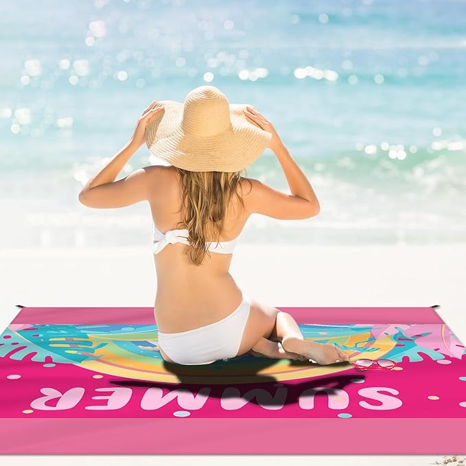Beach Blanket Waterproof Sandproof Large Beach Mat 79" X 83" for 2-4 Adults Sand Free Mat Quick Drying,Lightweight & Durable with 4 Stakes & 4 Corner Pockets for Beach Travel Camping.(Pink)
