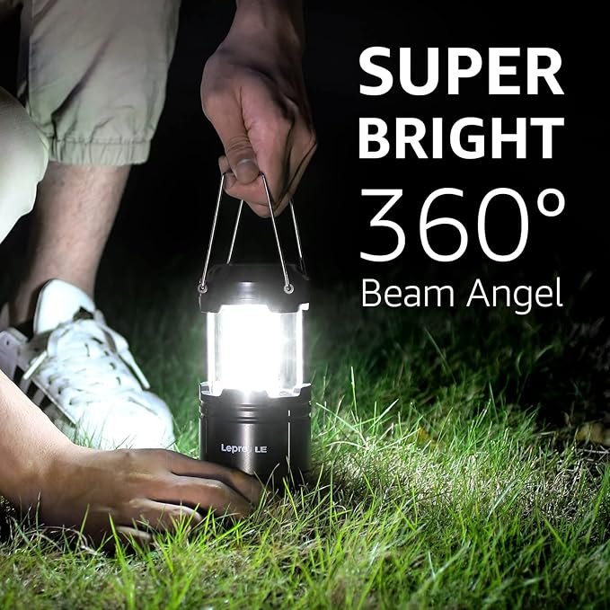 Lepro LED Camping Lantern, Super Bright, Battery Powered, IPX4 Water Resistant, Portable Emergency Lights for Hurricane, Storms, Outages, Collapsible, 2 Packs