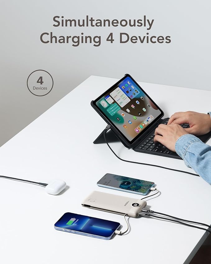 VEGER Portable Charger with Built-in AC Plug and Cables, All in One 10000mAh Ultra-Slim Power Bank, 15W Fast Charging for iPhone, Samsung, Android, Travel Essential (Coffee)