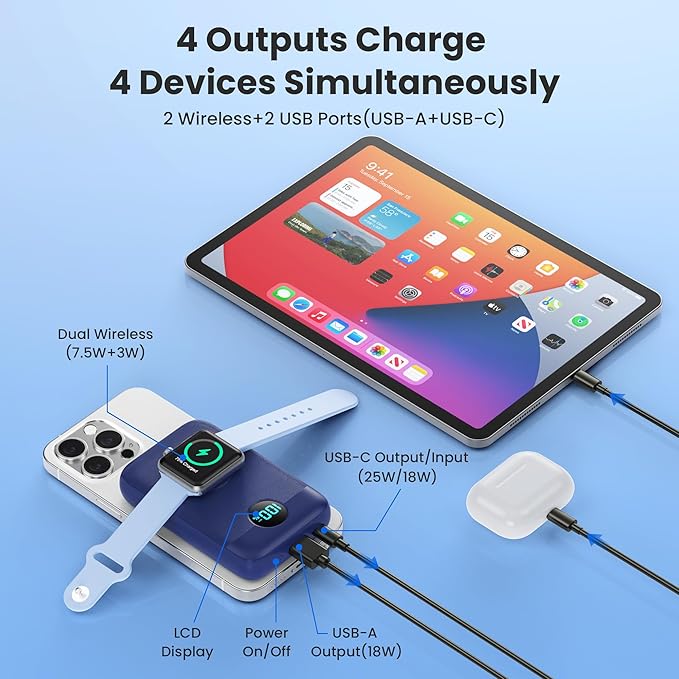 Magnetic Portable Charger for iPhone, 10800mAh 4-in-1 Wireless Power Bank with iWatch Charger, 25W PD Fast Charging Battery Pack for Magsafe, iPhone 16/15/14/13/12 Series, Apple Watch (Blue)