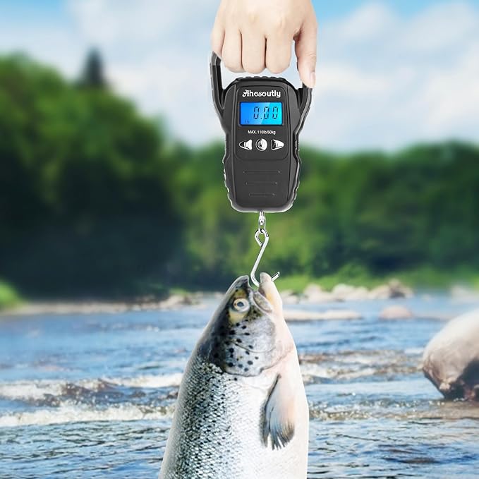 Fish Scale,110lb/50kg Large Handle,Large Backlit LCD Display,Digital Fish Scale with Built-in Measuring Tape, Fishing Gifts for Men,Black…