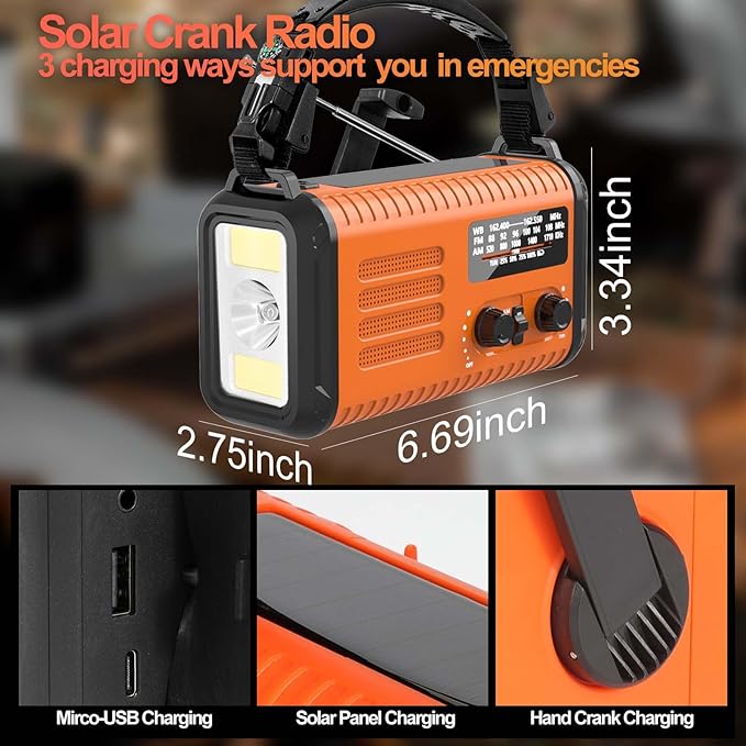 Emergency Crank Radio, Solar Hand Crank Weather Radio with AM/FM/NOAA, Survival Radios Battery Operated Flashlight Cell Phone Charger, Reading Lamp, Headphone Jack, Compass, SOS Alarm Home & Outdoor