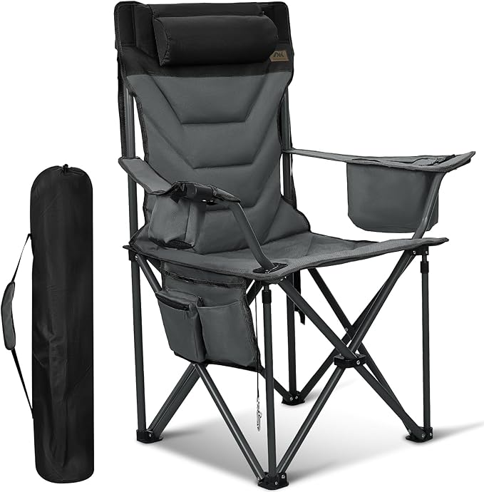 Oversized High-Back Camping Chairs with Pillow, Dual Cup Holders & Cooler Bag - Heavy Duty Foldable Outdoor Chair for Adults, Picnic, Fishing, Backyard, Sports (BlackGrey)