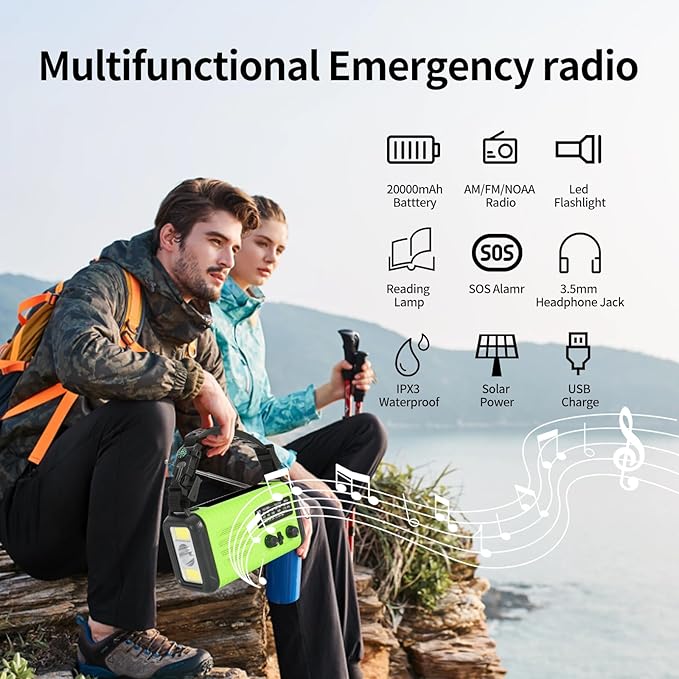 20000mAh/74000mWh Emergency Crank Radio, NOAA/AM/FM Solar Hand Crank Weather Radio, Battery Powered Radio with SOS Alarm & Flashlight for Camping/Emergencies (Light Green)
