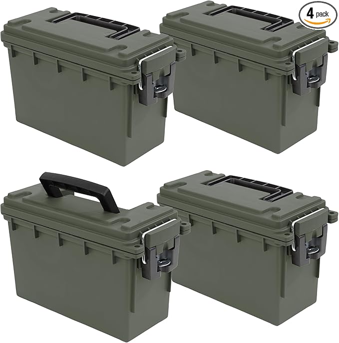 Sheffield 12757 4-Pack Ammo Storage Box, Stackable .30 Cal Field Boxes, Water and Dust Resistant, Lockable Storage Box with Handle, Secures Hunting Gear, Supplies, and Bullets, Made in the USA, Green