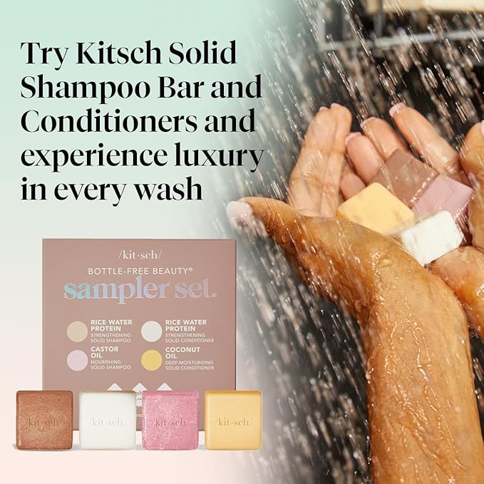 Kitsch 4pc Sampler Solid Shampoo and Conditioner Set - Rice Bar & Castor Oil Shampoo and Rice Bar & Coconut Oil Deep-Moisturizing Hair Conditioner, Zero Waste