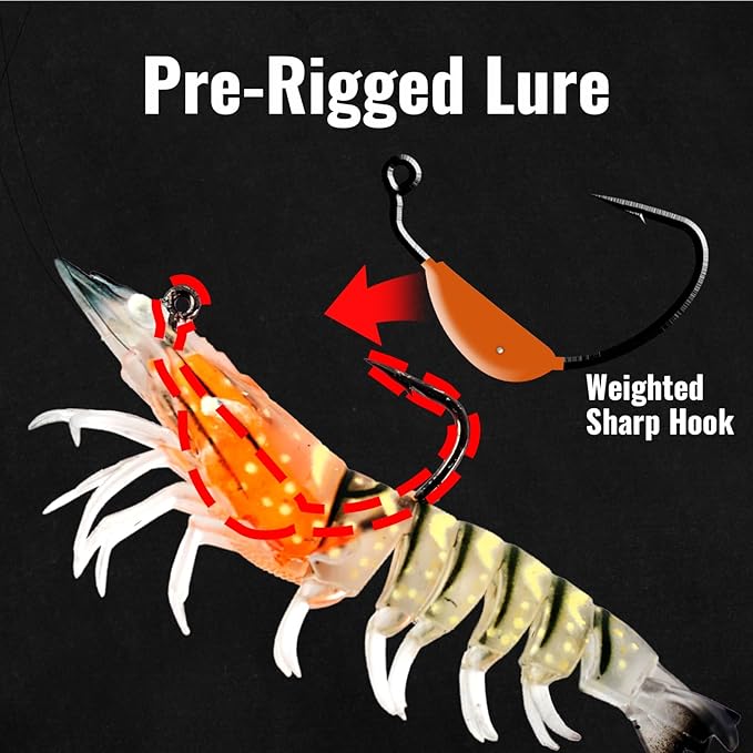 3Pcs Shrimp Fishing Lures for Saltwater and Freshwater Soft Bait Pre-Rigged Glow Eyes Lifelike Silicone Prawn Jig for Bass Trout Redfish Flounder Crappie Snook Walleye Fishing