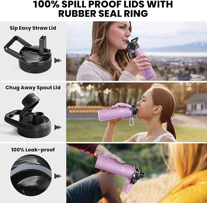 Insulated Water Bottle 20 oz, Triple Wall Vacuum Stainless Steel (Cold for 48 Hrs), Leak Proof & Non-BPA, Kids Water Bottle Jug for School with Straw Spout Lids, Lilac