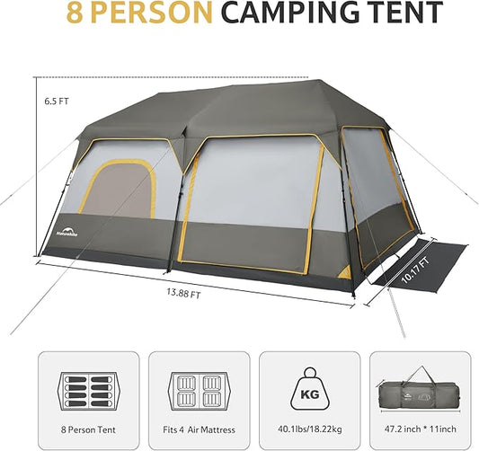 Naturehike Cape 4/6/8 Person Camping Tent, 60S Easy Setup Instant Tent Pop up Tent, Waterproof Large Tall 6/8 Person Tents for Camping, Car Camping