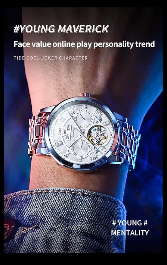 OLEVS Mens Automatic Watches Gold Luxury Diamond Dress Self Winding Mechanical Skeleton Tourbillon Stainless Steel Wrist Watch