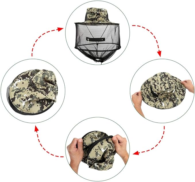Mosquito Head Net Hat with Removable Mesh Hidden Netting, Camouflage Design with Zipper Net for Outdoor Fishing Gardening Hiking Face Cover (Digital Camouflage)