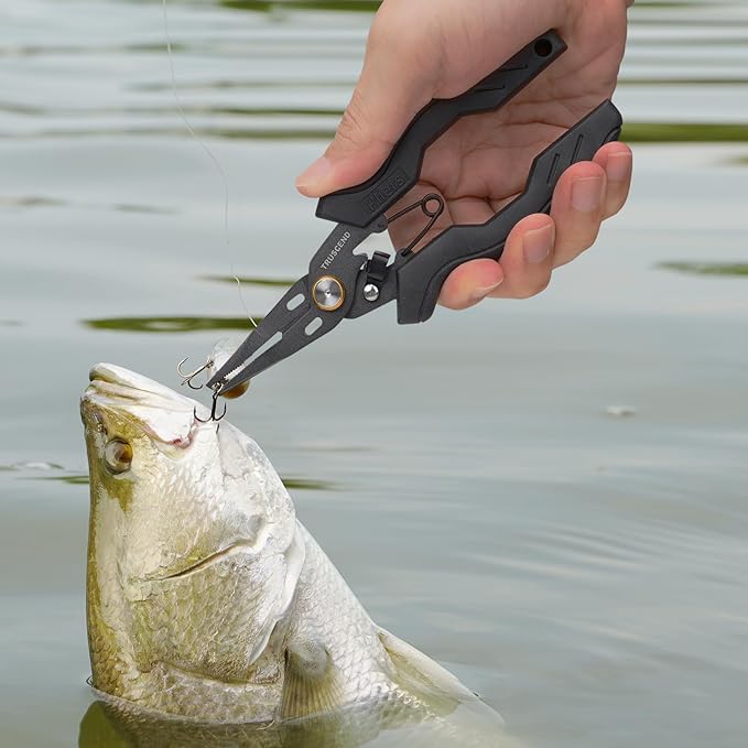 TRUSCEND Lockable Handy Fishing Pliers with Innovative Ergonomic Handle, Saltwater Corrosion Resistant Teflon Coated Fishing Tool with Mo-V Cutter
