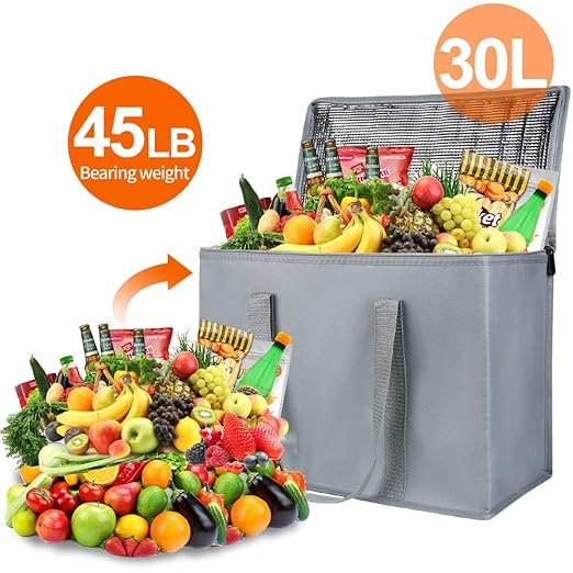 Bodaon 3-Pack Insulated Reusable Grocery Shopping Bag, X-Large Frozen Food Cold, Cooler Bags with Zippered Top, Insulated Food/Pizza Delivery Bag, Gray