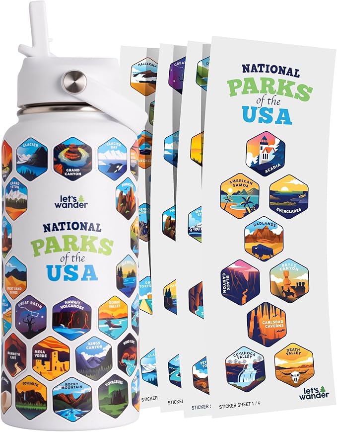 LET'S WANDER National Parks Water Bottle with 63 Waterproof Stickers - 32oz Leakproof Insulated Stainless Steel with Straw - USA Hiker Gift Bottle (Arctic White)