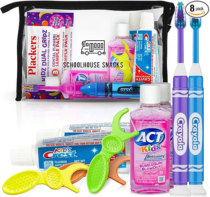 Kids Travel Size Toiletries Bag with Essential Oral Care Items - Bundled with Crest Kids Toothpaste, Travel toothbrush kids, ACT Mouthwash, Floss Packs - Ideal Essentials for Children
