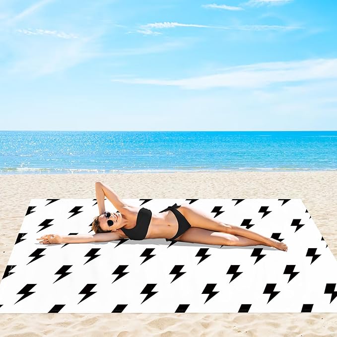 Outdoor Beach Blanket Waterproof Sandproof, 78''×86'' Large Sand Free Beach Mat, Lightweight Portable Picnic Blanket Foldable with 4 Stakes & Pockets for Camping, Hiking Essentials - Black Lightning