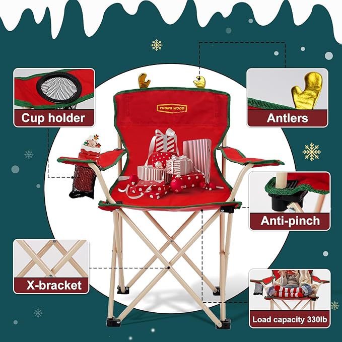 YOUNG WOOD Portable Camping Chair Beach Chair Outdoor Foldable Chair, Included Mesh Cup Holder & Safety Lock to Avoid Pinch Hand, Suitable for Christmas, Camp, Party, with Carrying Bag, Ages 2 to 7