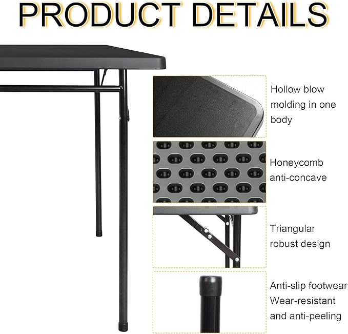 Folding Table 3ft Rectangular All-Occasion Plastic Folding Event Table for Indoor and Outdoor, Portable Desk, Camping, Durable and Stable, HDPE and Steel, Wide Application, Black