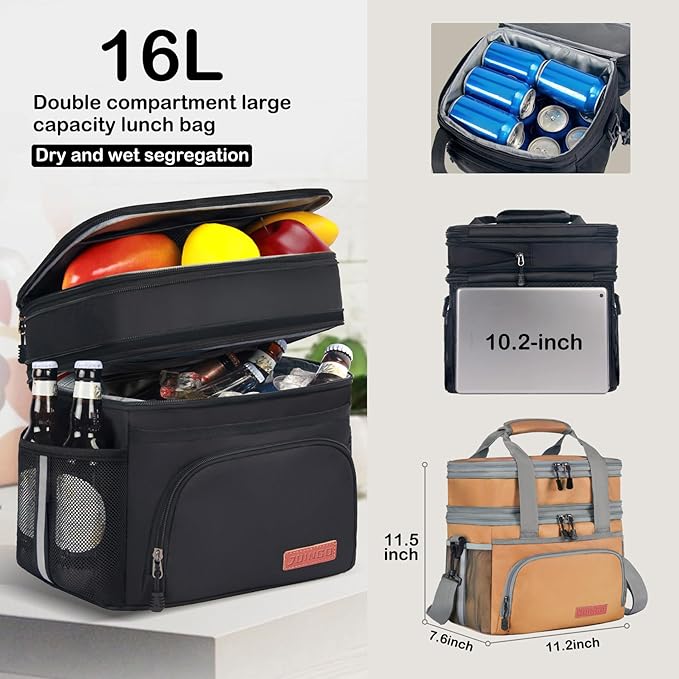 Lunch Box for Men/Women,Large Double-Layer Insulated Expandable Reusable Leakproof Cooler Bags for Adults,Lunch Bag with Adjustable Shoulder Strap for Office Travel Picnic(Earth-Yellow)