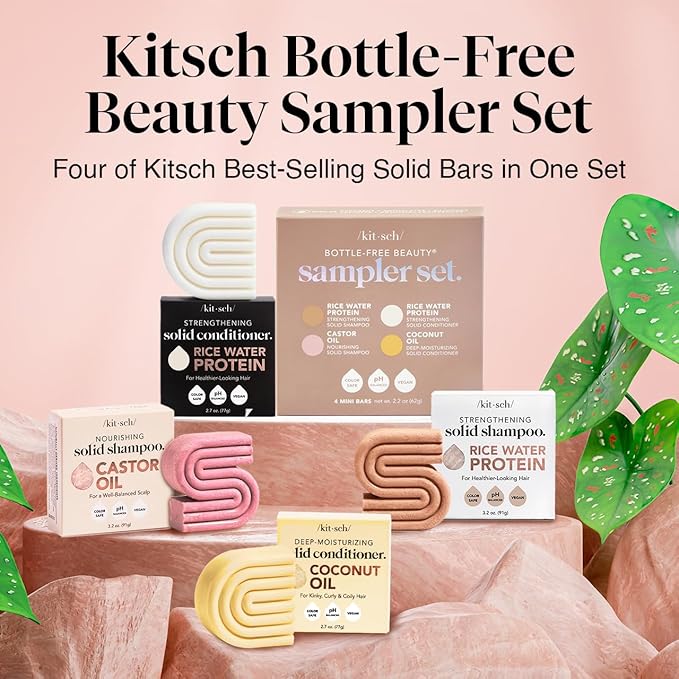 Kitsch 4pc Sampler Solid Shampoo and Conditioner Set - Rice Bar & Castor Oil Shampoo and Rice Bar & Coconut Oil Deep-Moisturizing Hair Conditioner, Zero Waste
