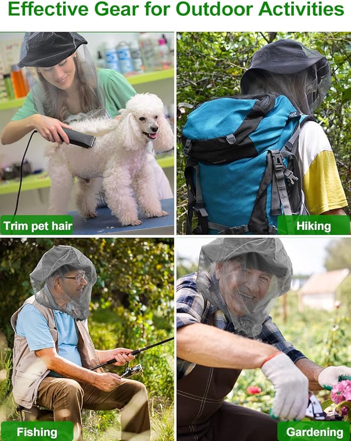 wohohoho Mosquito Head Net Mesh with Drawstring, Bug Face Netting for Hats, Mesh Face Shield for Men & Women Screen Net for Any Outdoor Lover Midges, Bugs & Gnats (4 Packs, Gray Colors, Updated Size)