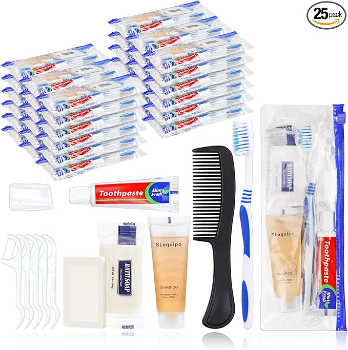 Pack of 25 Hygiene Kit, Hygiene Kit Bulk, Individually Packed, Travel Hygiene Kit with Toothbrush, Toothpaste, Comb, Shampoo, Soap and Floss Picks, Home, Suitable for Hotel, Camping, Travel