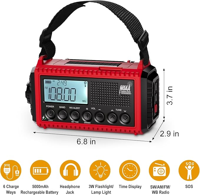 Raynic Emergency Radio, 5000mAh/18500mWh Weather Radio, Solar Hand Crank Emergency Radio with AM/FM/SW/NOAA, Cell Phone Charger, Headphone Jack, Flashlight, Type-C Charging and SOS Siren for Hurricane