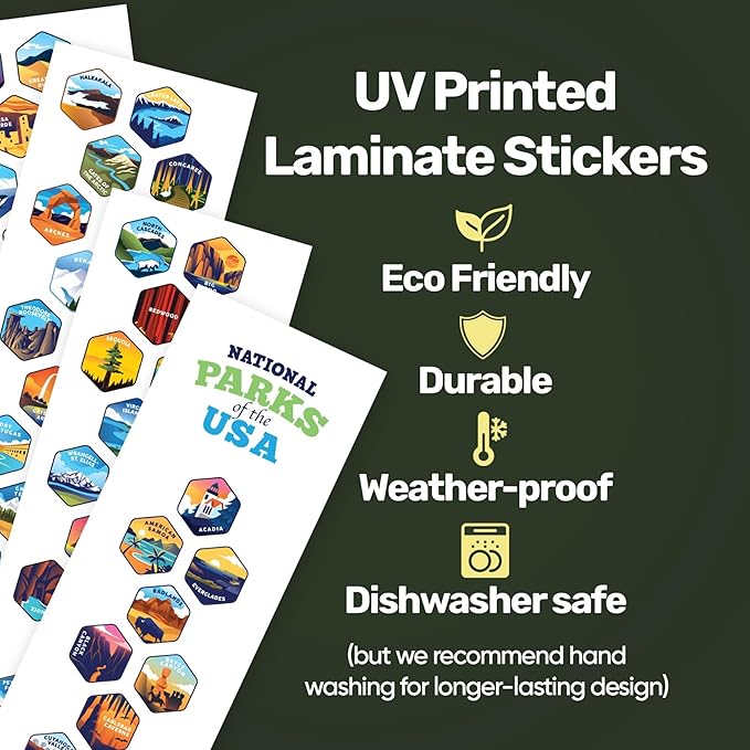 LET'S WANDER National Parks Water Bottle with 3 Lids & 63 Waterproof Stickers - 32oz Leakproof Insulated Stainless Steel with Straw - Parks of the USA Hiker Bucket List Gift Bottle (Green)