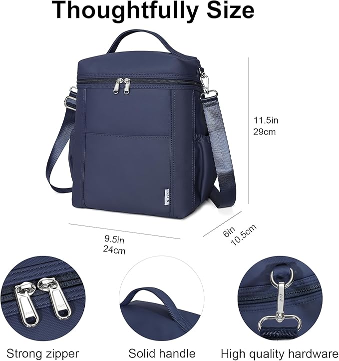 NOL Natural Organic Lifestyle Insulated Lunch Bags for Women Cooler Bag Lightweight Nylon Waterproof Lunch Box For Work (Navy blue, Large)