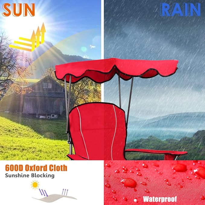 GYMAX Camping Chair, Folding Outdoor Lawn Chair with Canopy, Carry Bag & Cup Holder, Portable Heavy Duty Camp Chair for Outside Travel, Picnic, Beach Soccer Chairs