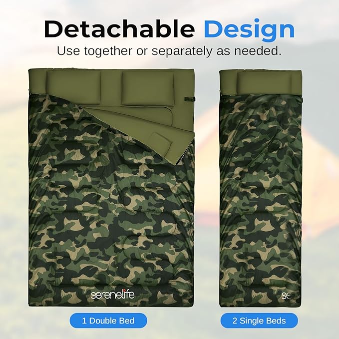 SereneLife Double Sleeping Bag with Pillows, Waterproof & Detachable for 2 Single Bags, Lightweight & Warm, Perfect for Camping, Hiking, Backpacking, and Cold Weather, Suitable for Temperatures 5-10°F